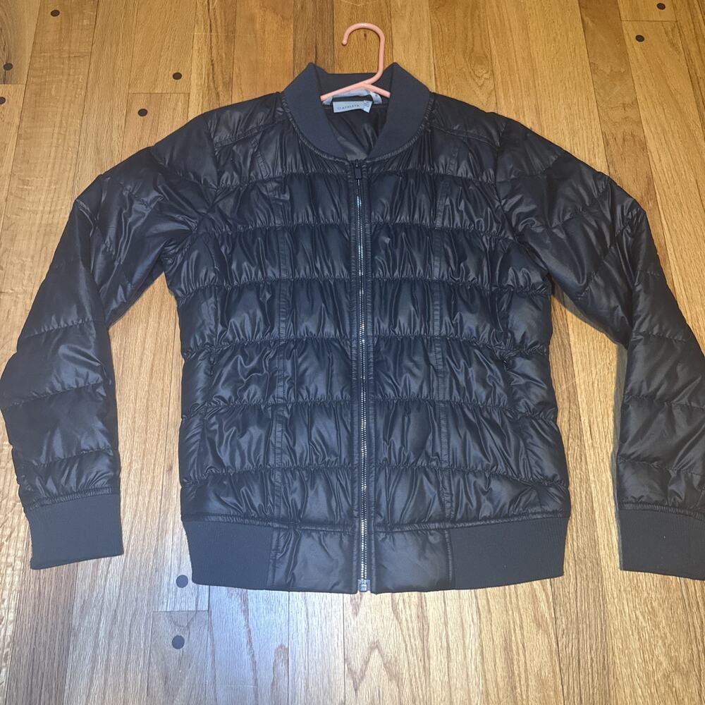 Athleta Dobby Goose Down Puffer Jacket Women M Black Full Zip Pockets Bomber